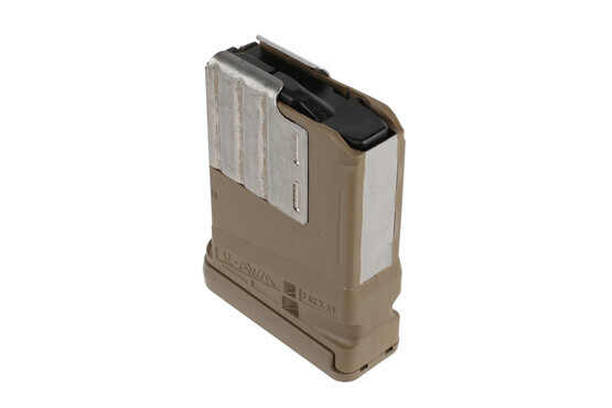 The L7AWM Lancer magazines for sale with FDE polymer body holds 10 rounds of 7.62 NATO